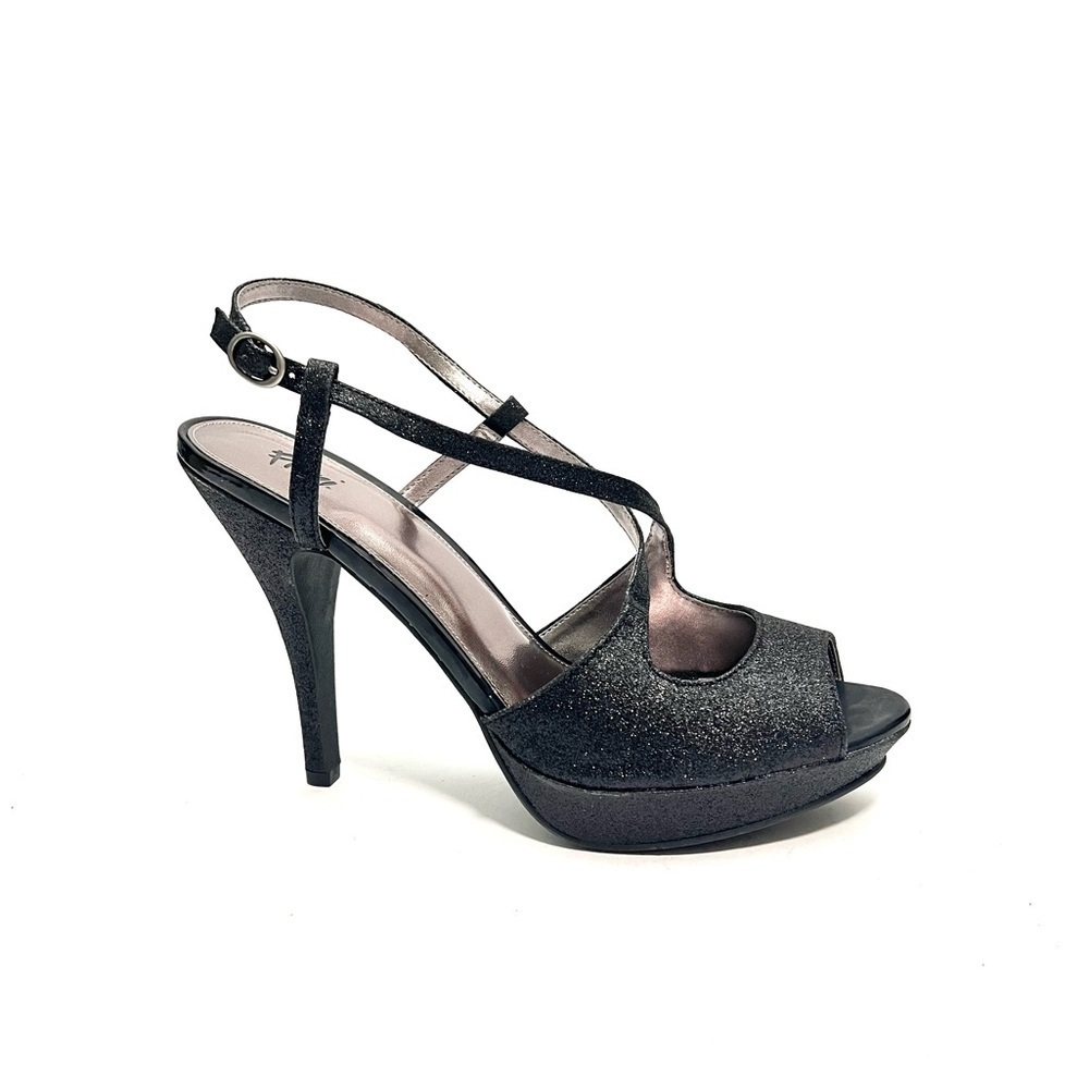 Vintage Y2K deadstock black glitter vegan leather strappy platform formal heels